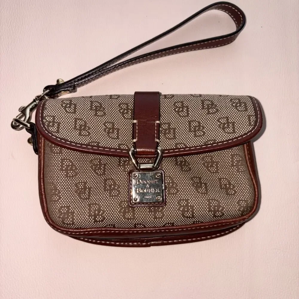 Dooney & Bourke 1975 Push Lock Wristlet Brown Leather Tan Monogram Fabric